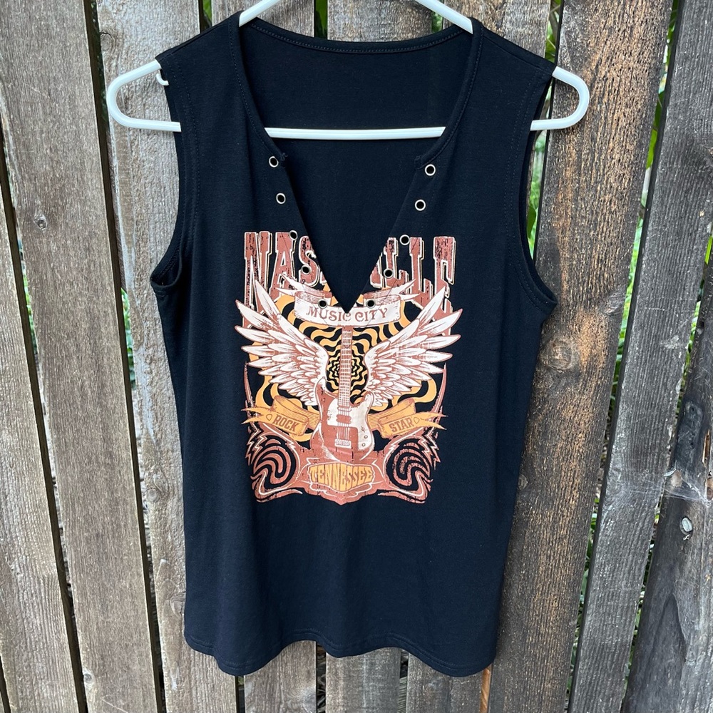Music City Nashville Tennessee V-neck Sleeveless T-Shirt Sz S